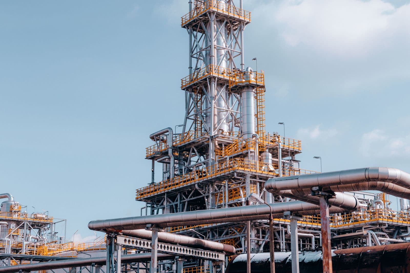 Oil and gas processing plant with pipelines and industrial infrastructure